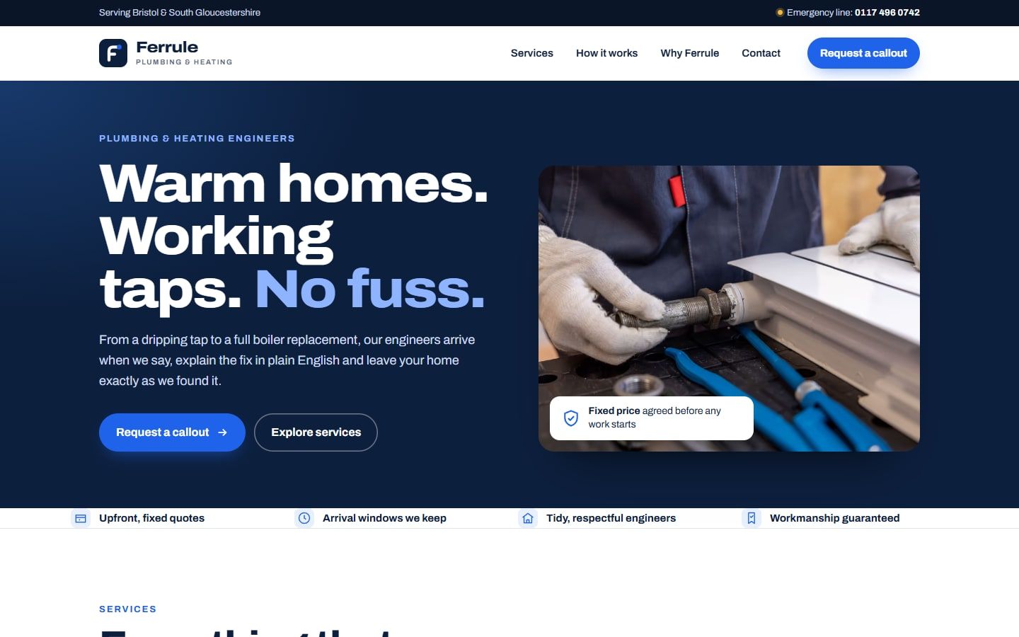 Ferrule concept homepage: a navy hero reading "Warm homes. Working taps. No fuss." beside a photo of an engineer fitting a radiator