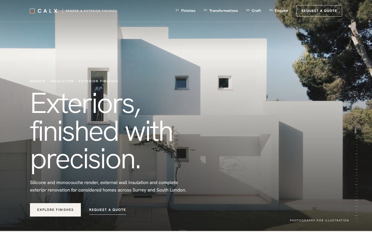 Calx concept homepage: a full-width photograph of a white rendered modern house with the headline "Exteriors, finished with precision."